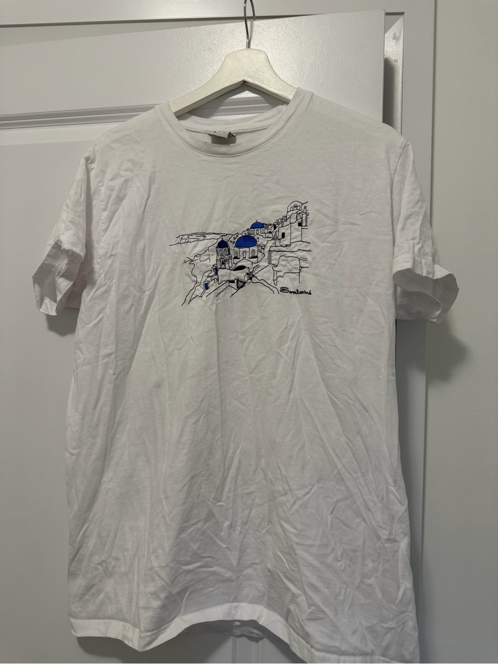 White Graphic Tee with Blue Accent - Men